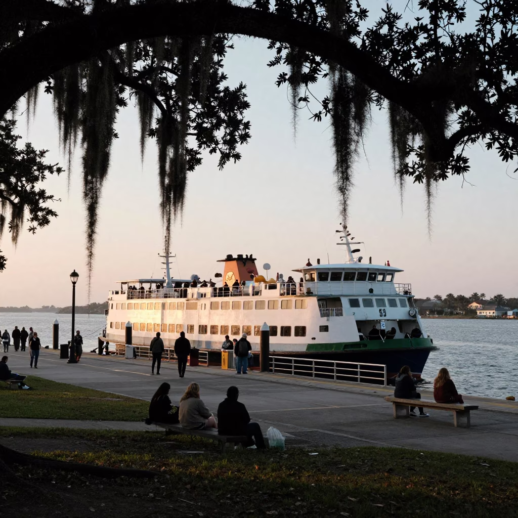 Charleston Ferry Dock at Nautical Dawn with Passengers and Bicycles in in Charleston, South Carolina, United States