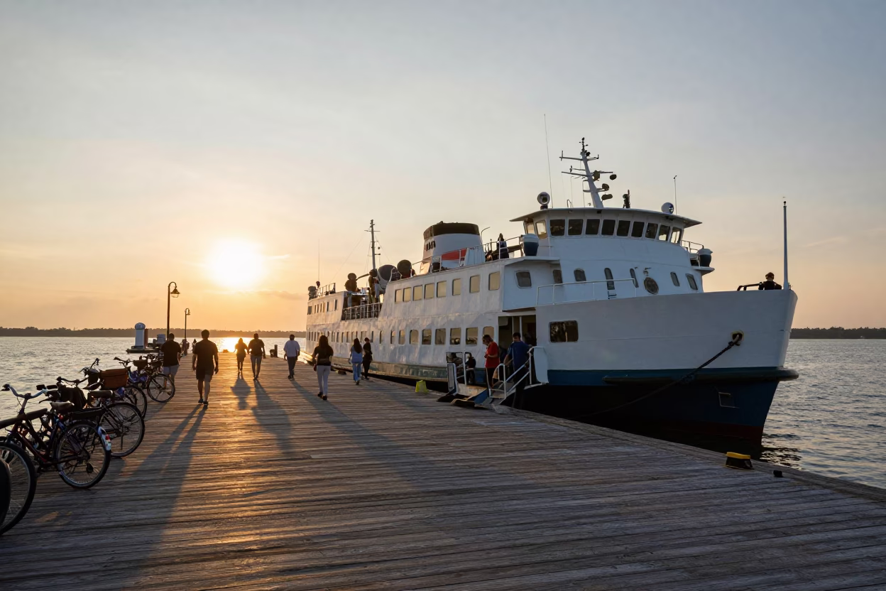 Charleston Ferry Docking at Sunset with Passengers and Bicycles in Honeyed Evening Light in in Charleston, South Carolina, United States