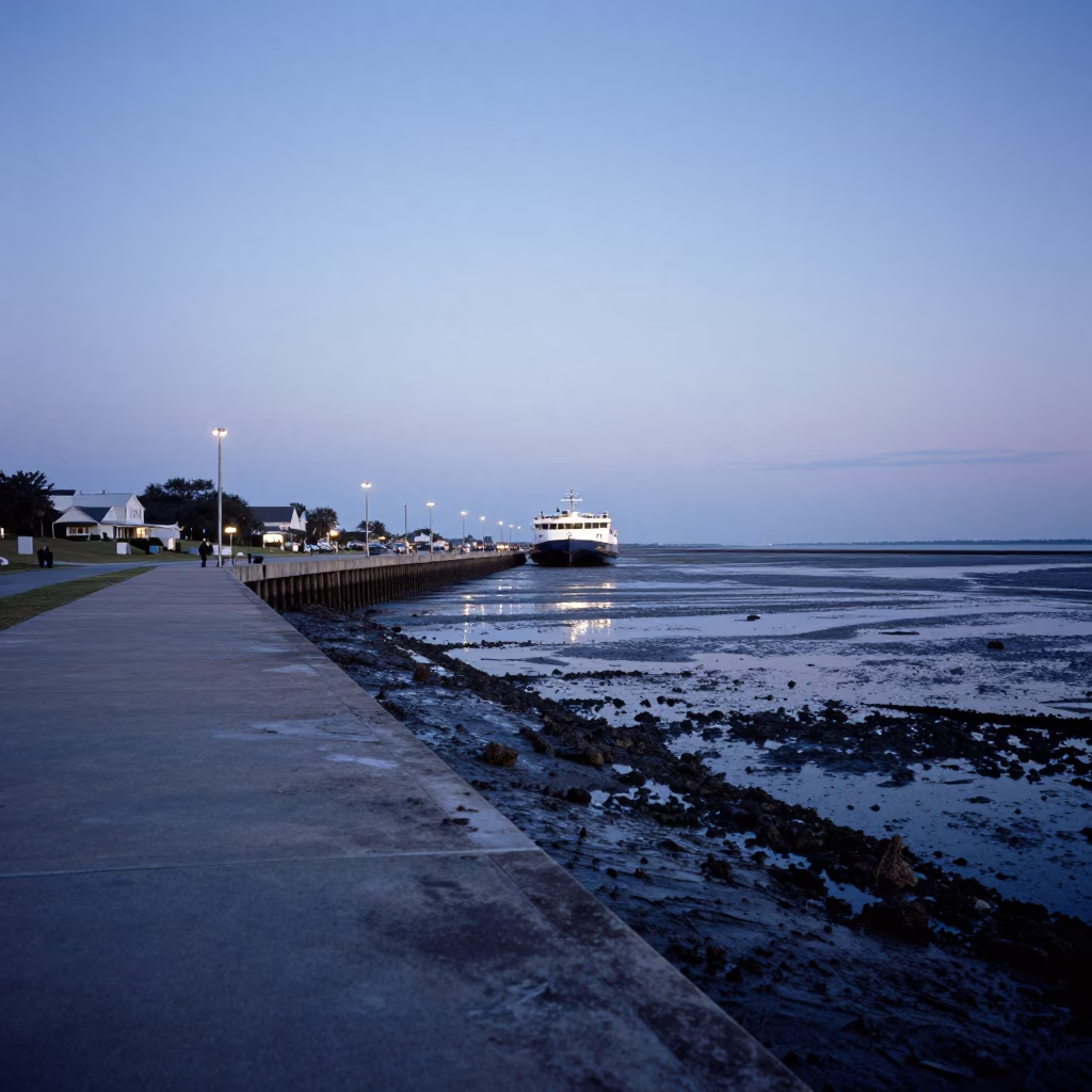 Charleston Ferry Ramp at Low Tide Evening Light with Weathered Piling System in in Charleston, South Carolina, United States