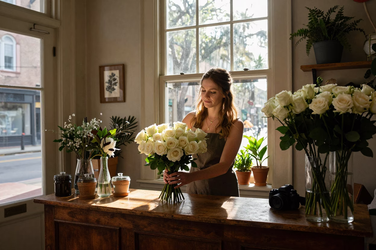 Charleston Florist Arranging Wedding Bouquet in Late Afternoon Light in in Charleston, South Carolina, United States
