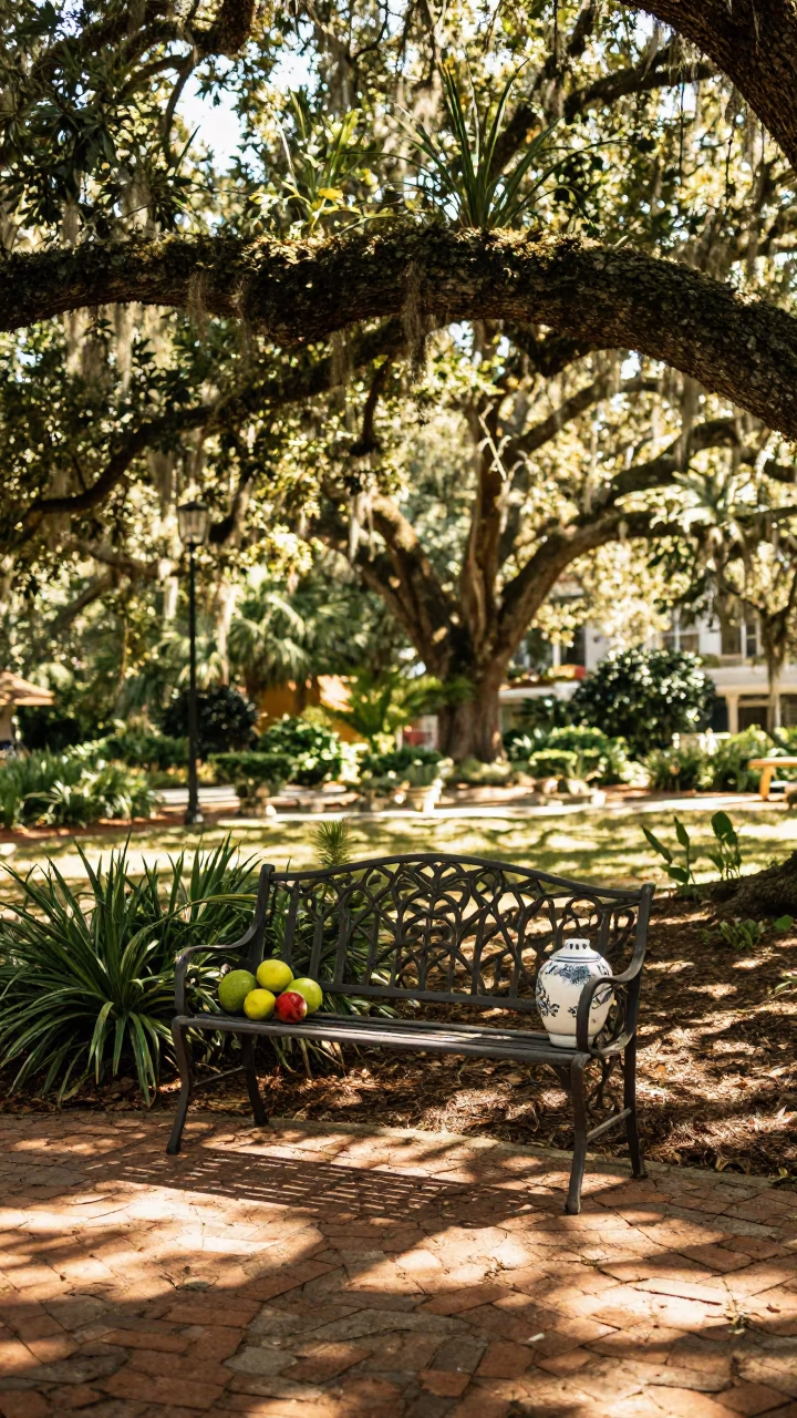 Charleston Garden Bench with Fruit and Ceramic in Late Afternoon Light in in Charleston, South Carolina, United States