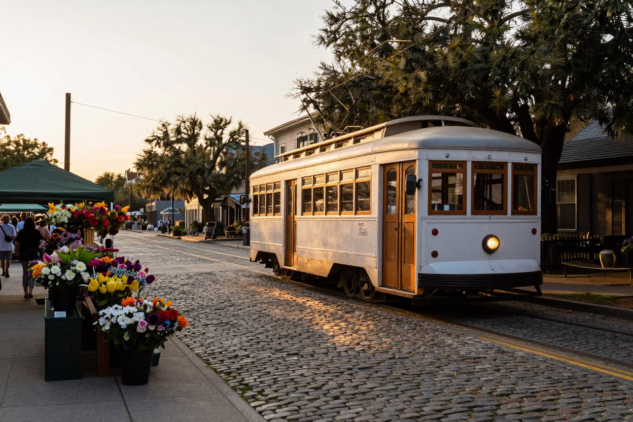 Charleston Golden Hour Street Scene with Vintage Tram and Local Market in in Charleston, South Carolina, United States