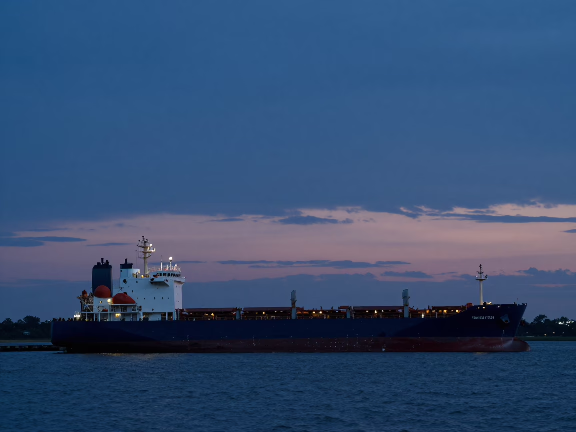 Charleston Harbor Blue Hour Cargo Ship Horizon Shot in in Charleston, South Carolina, United States