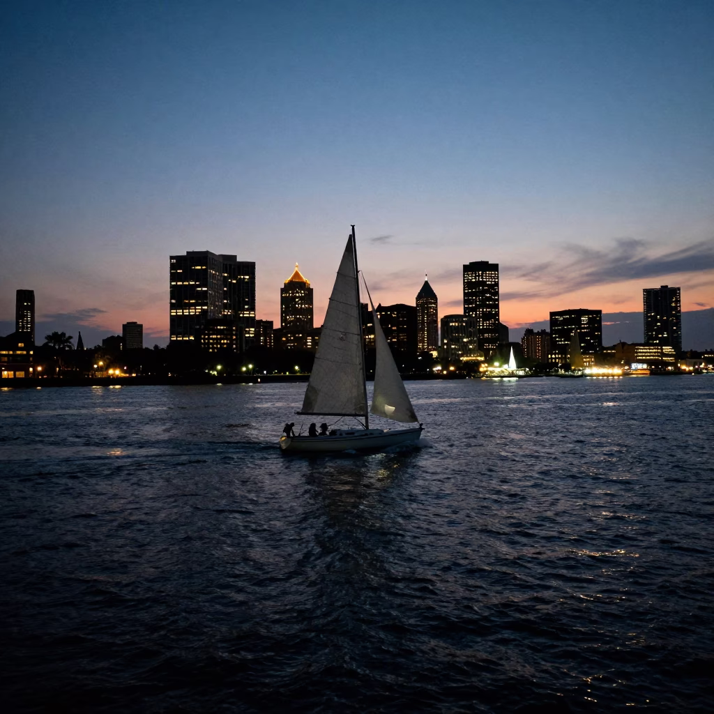 Charleston Harbor Evening Lights Glow with Sailboat Tacking in Headwind in in Charleston, South Carolina, United States