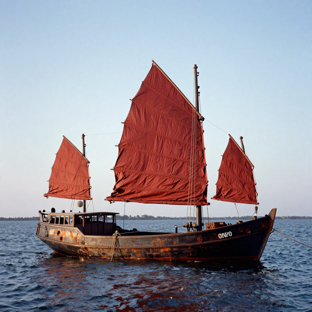 Charleston Harbor Junk Boat with Rust-Red Sails Anchored Near Historic District in in Charleston, South Carolina, United States