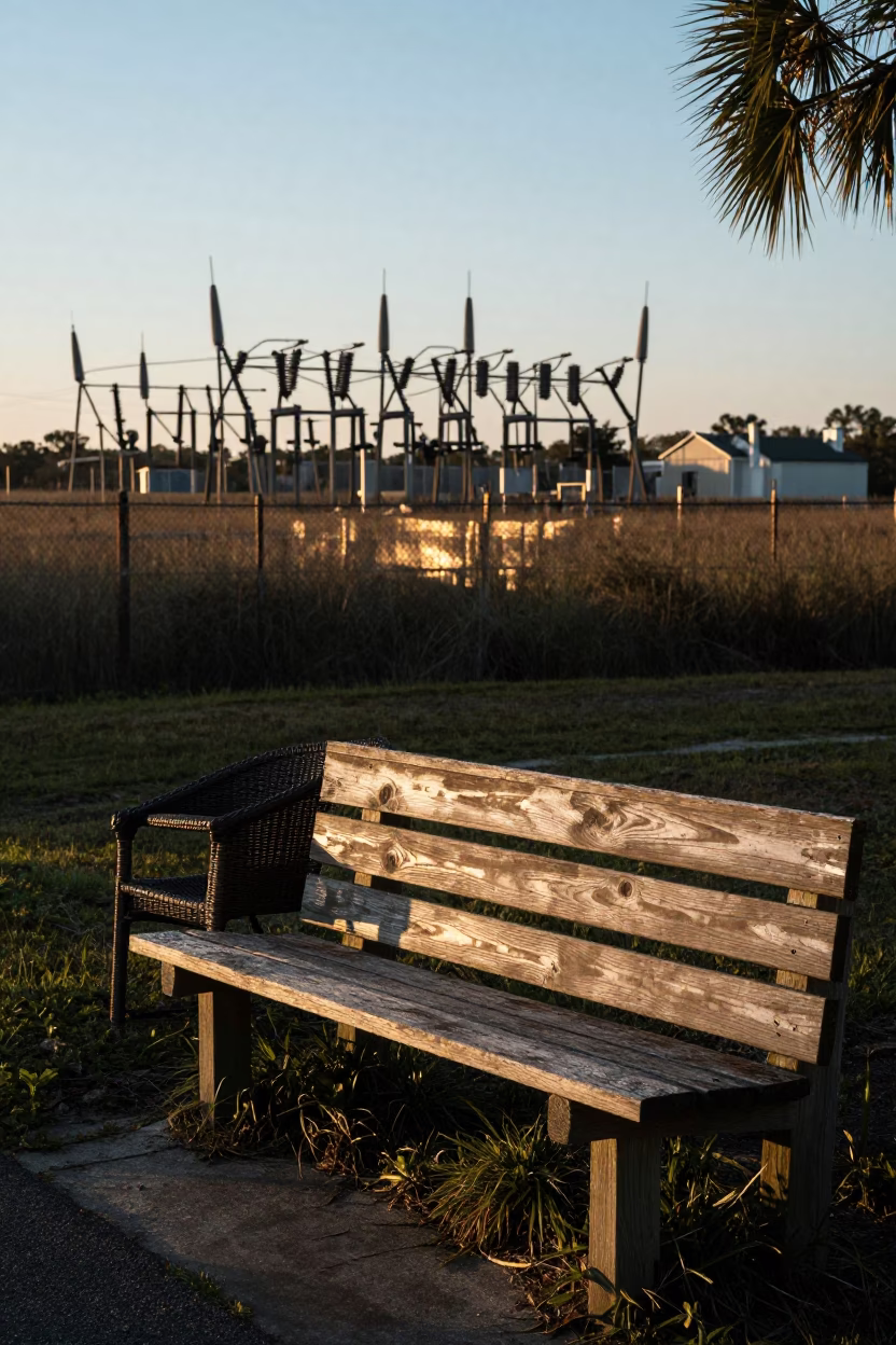 Charleston Harbor Morning Light Reflecting on Substation Fence and Wicker Bench Shadows in in Charleston, South Carolina, United States
