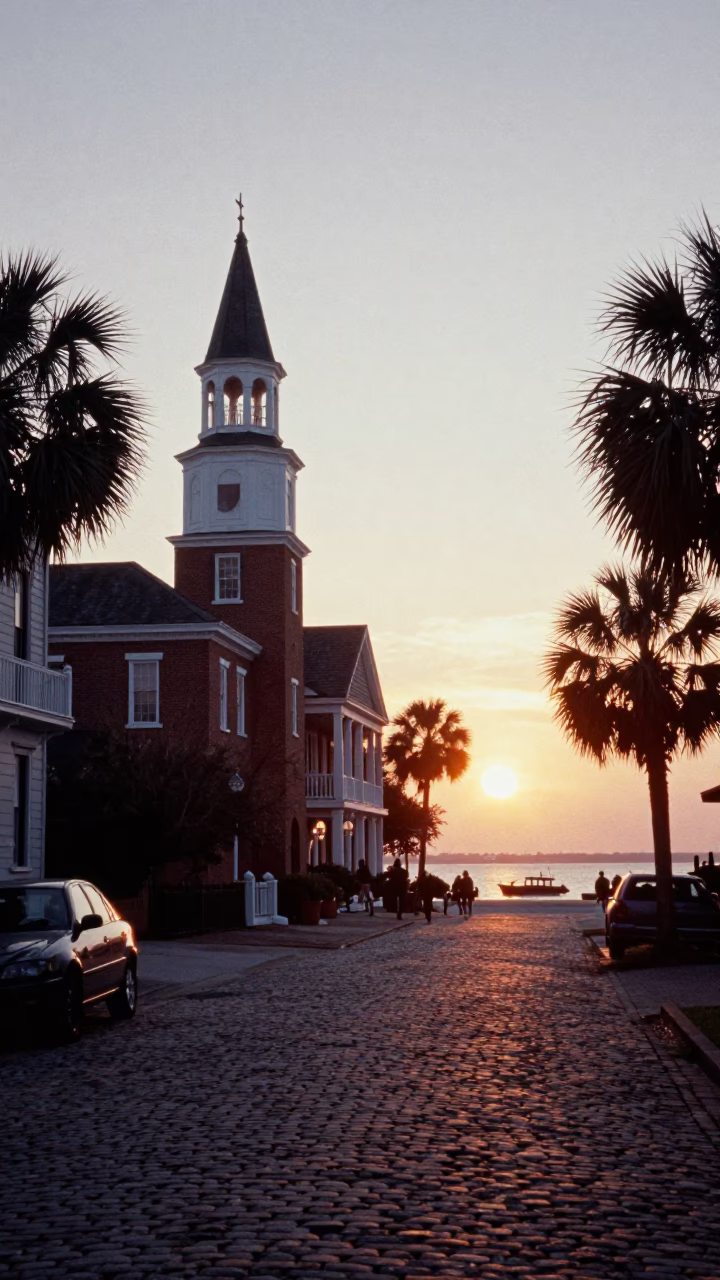 Charleston Harbor Sunset View with Bell Tower and Historic Brick Architecture in in Charleston, South Carolina, United States