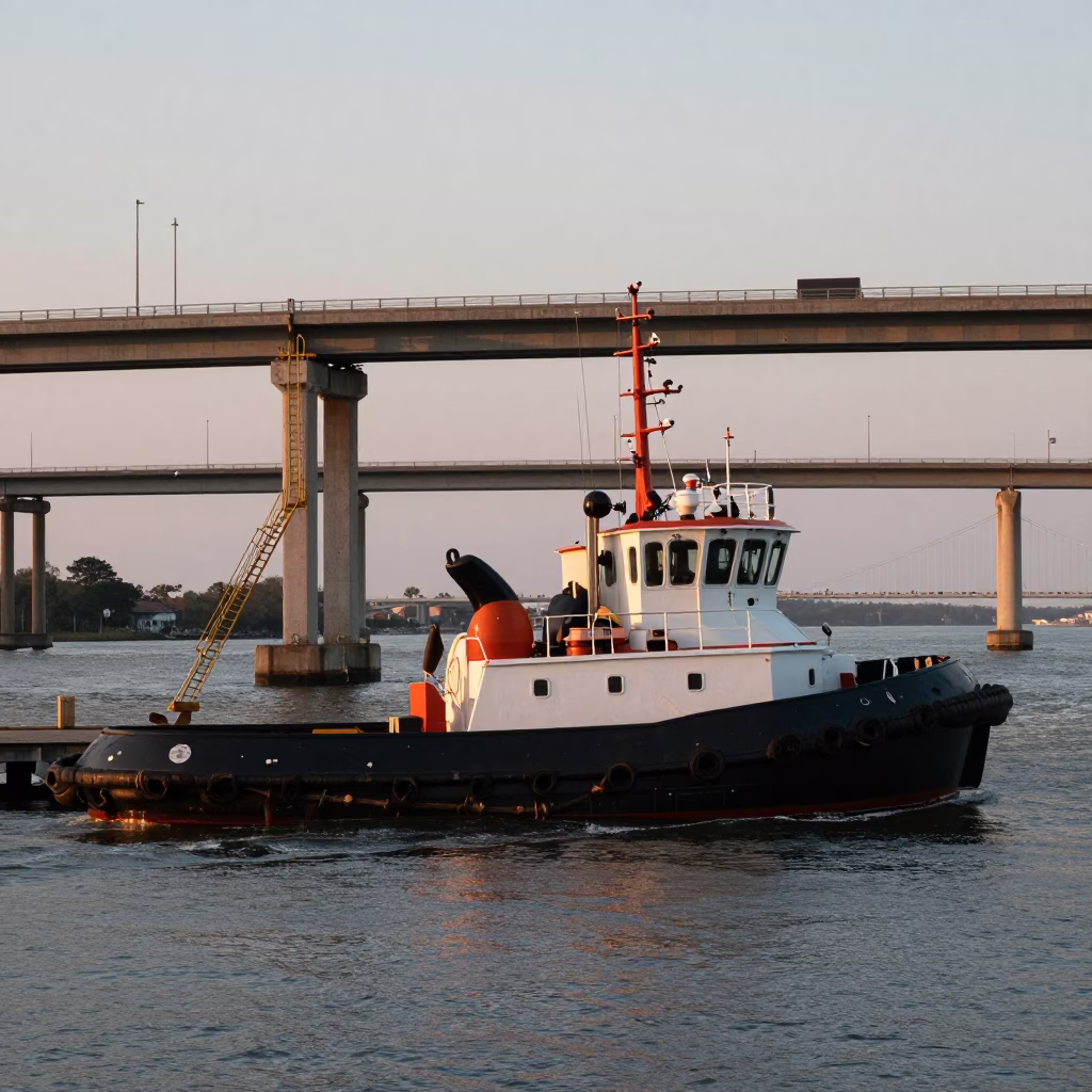 Charleston Harbor Tugboat Navigating Nautical Dawn Waters with Bridge Pier Inspection Ladder in in Charleston, South Carolina, United States