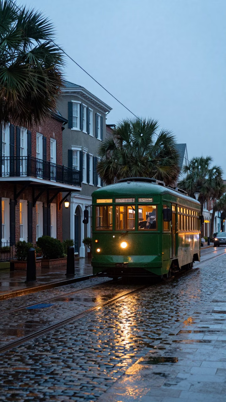 Charleston Heritage Streetcar on Rain-Swept Coastal Promenade at Dusk in in Charleston, South Carolina, United States