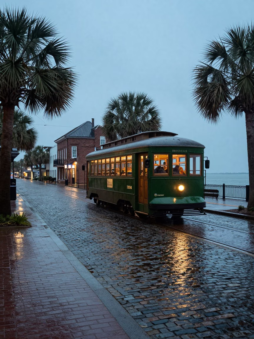 Charleston Heritage Tram on Rain Swept Coastal Promenade Before Sunrise in in Charleston, South Carolina, United States