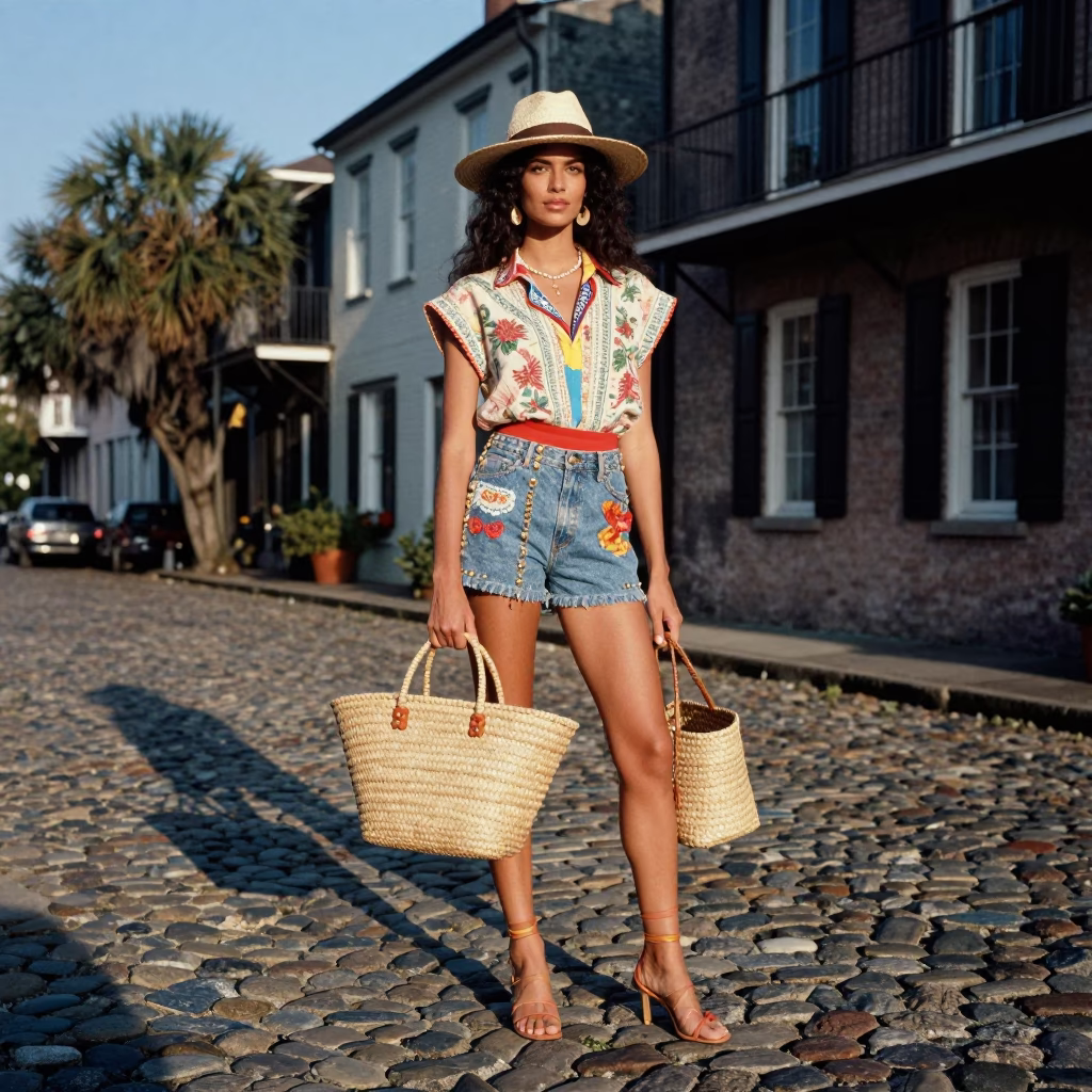 Charleston High Fashion Portrait with Woven Sweetgrass Baskets in Late Afternoon Light in in Charleston, South Carolina, United States