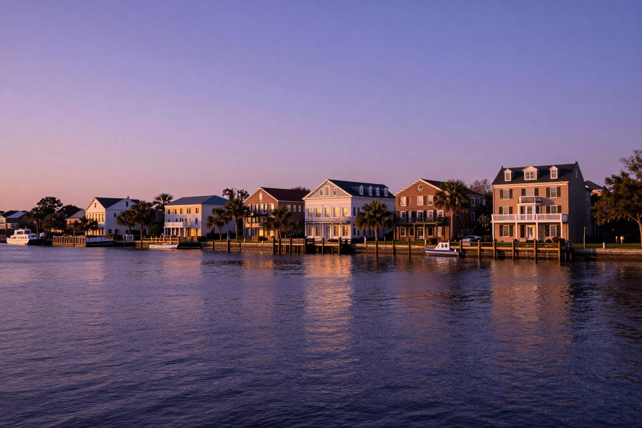 Charleston Historic District Architecture And Waterfront at Sunset Light in in Charleston, South Carolina, United States