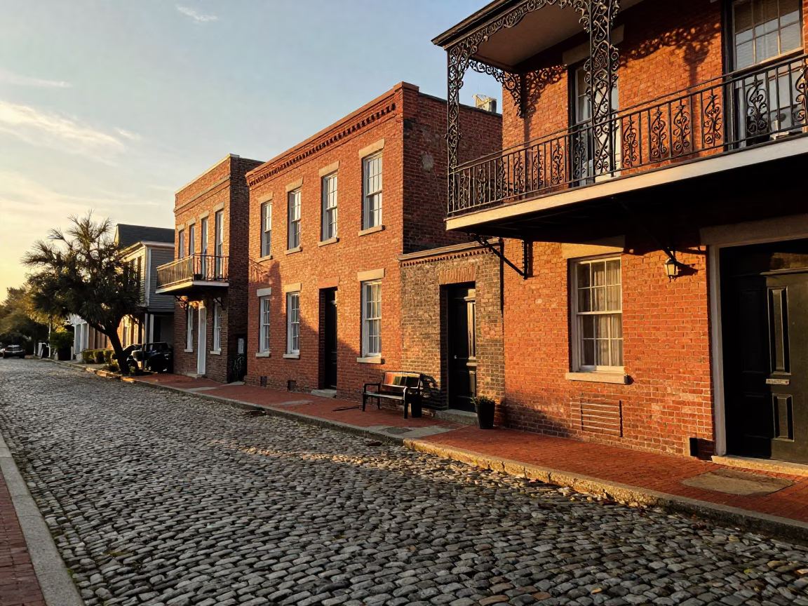 Charleston Historic District Brick Buildings And Cobblestone Street at Sunset Light in in Charleston, South Carolina, United States