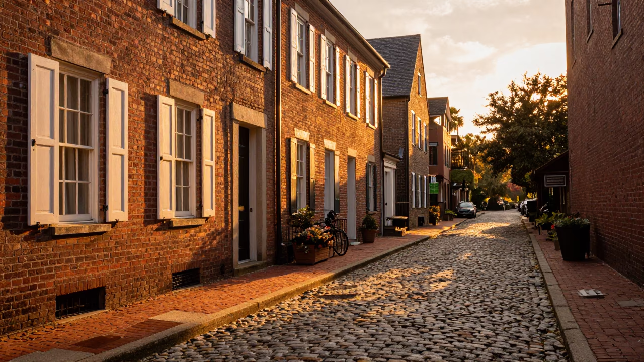 Charleston Historic District Cobblestone Street at Sunset with Local Pedestrians and Architecture in in Charleston, South Carolina, United States