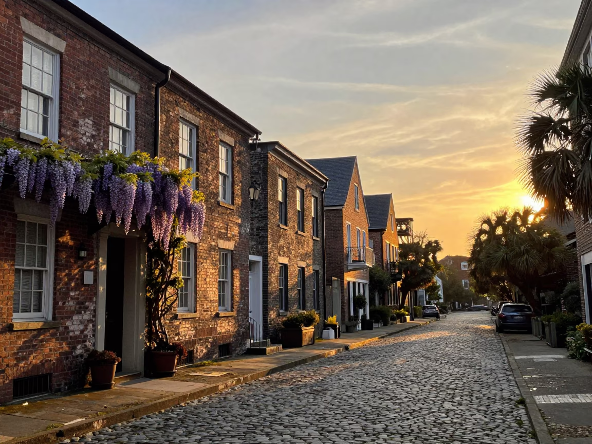 Charleston Historic District Cobblestone Street at Sunset with Wisteria and Brick Architecture in in Charleston, South Carolina, United States