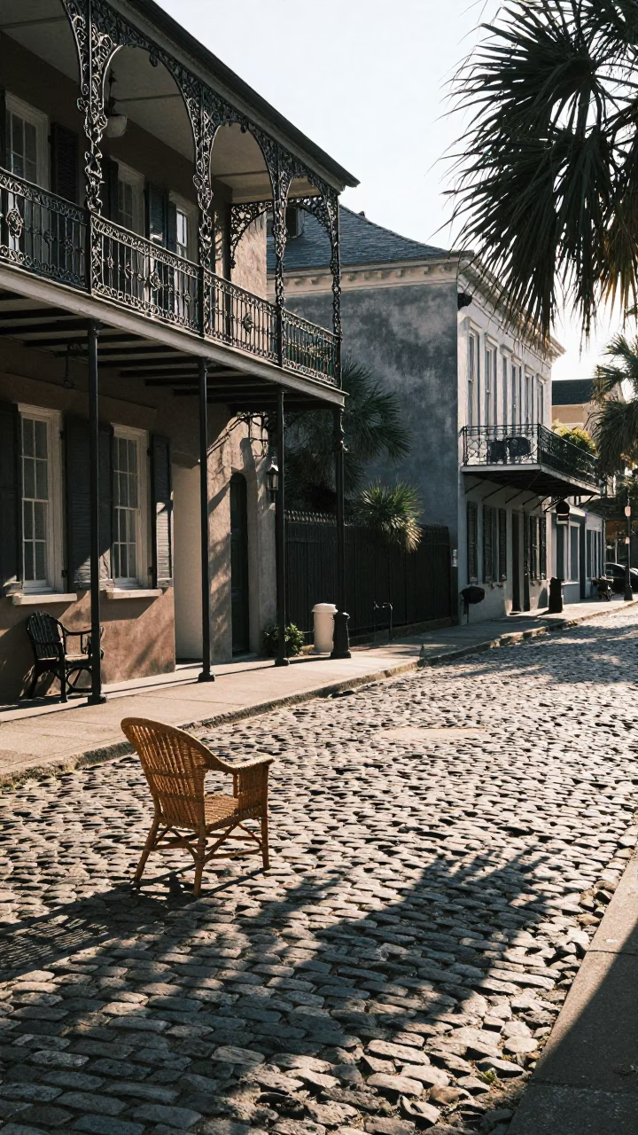 Charleston Historic District Cobblestone Street with Wicker Chair Shadow and Brick Architecture in in Charleston, South Carolina, United States