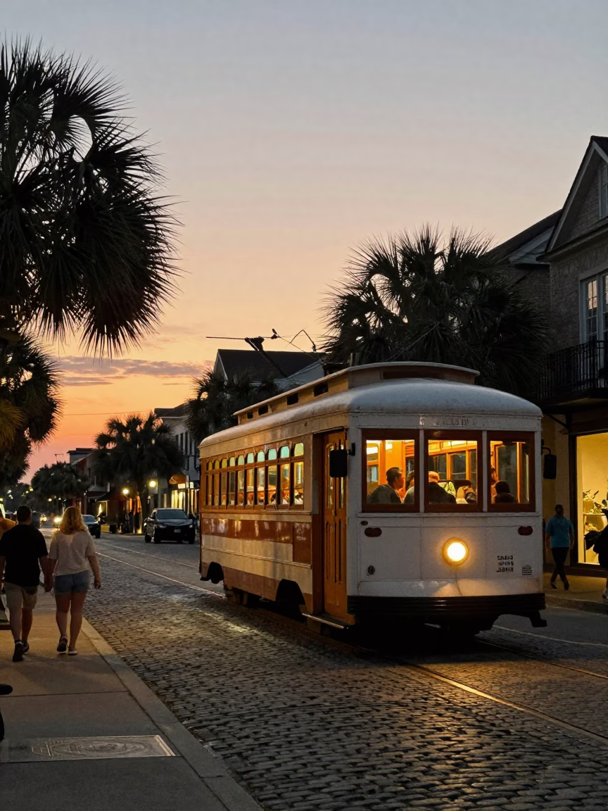 Charleston Historic District Evening Scene with Trolley and Woven Basket in in Charleston, South Carolina, United States