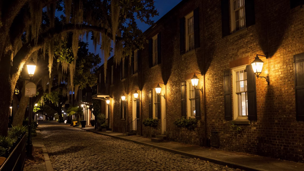 Charleston Historic District Night Scene with Spanish Moss and Distant Harbor Lights in in Charleston, South Carolina, United States