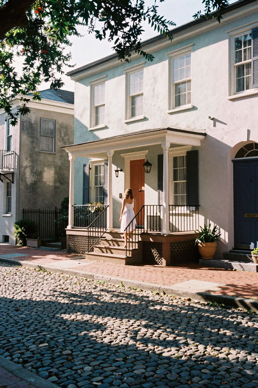 Charleston historic district street scene bright late morning sunlight in in Charleston, South Carolina, United States