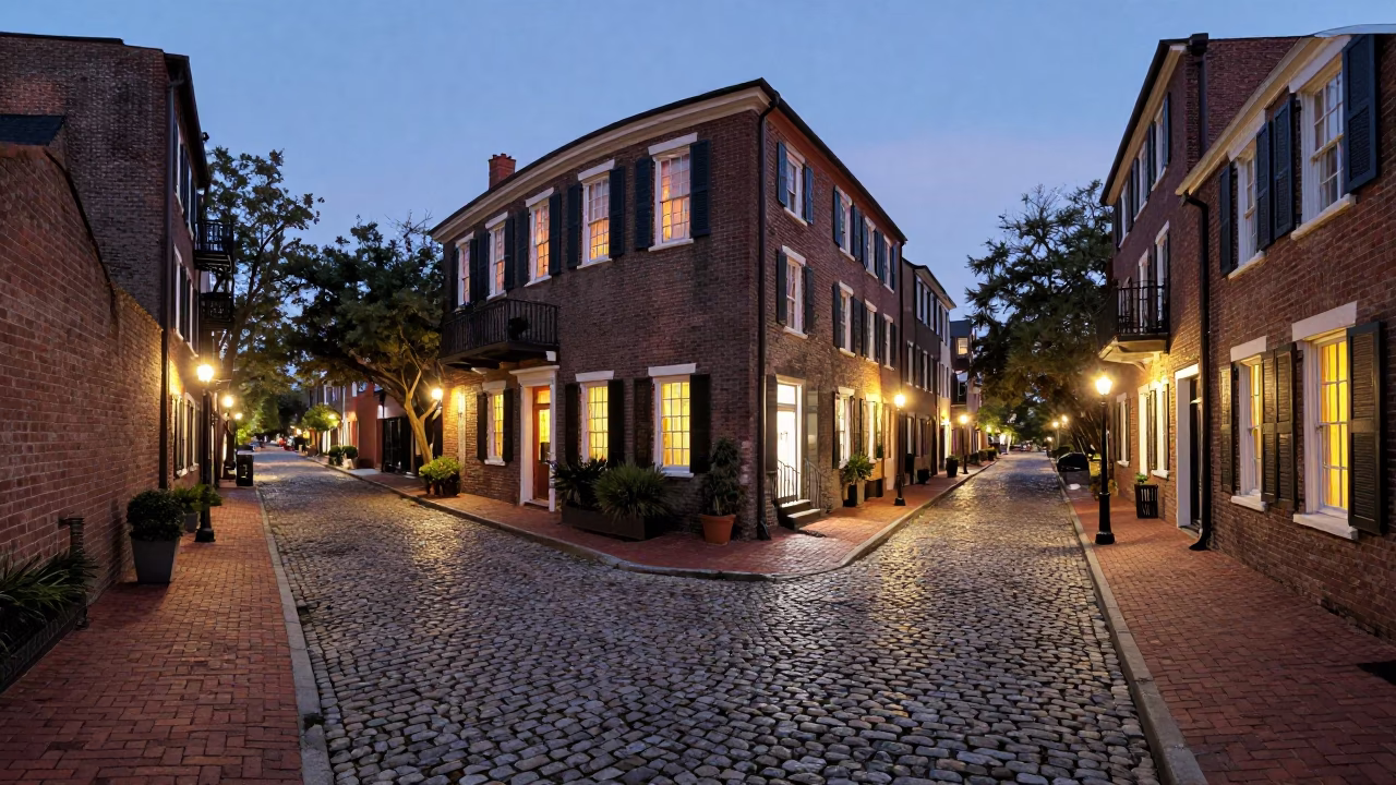 Charleston Historic District Twilight Street Scene with Brick Pavement and Gas Lamps in in Charleston, South Carolina, United States