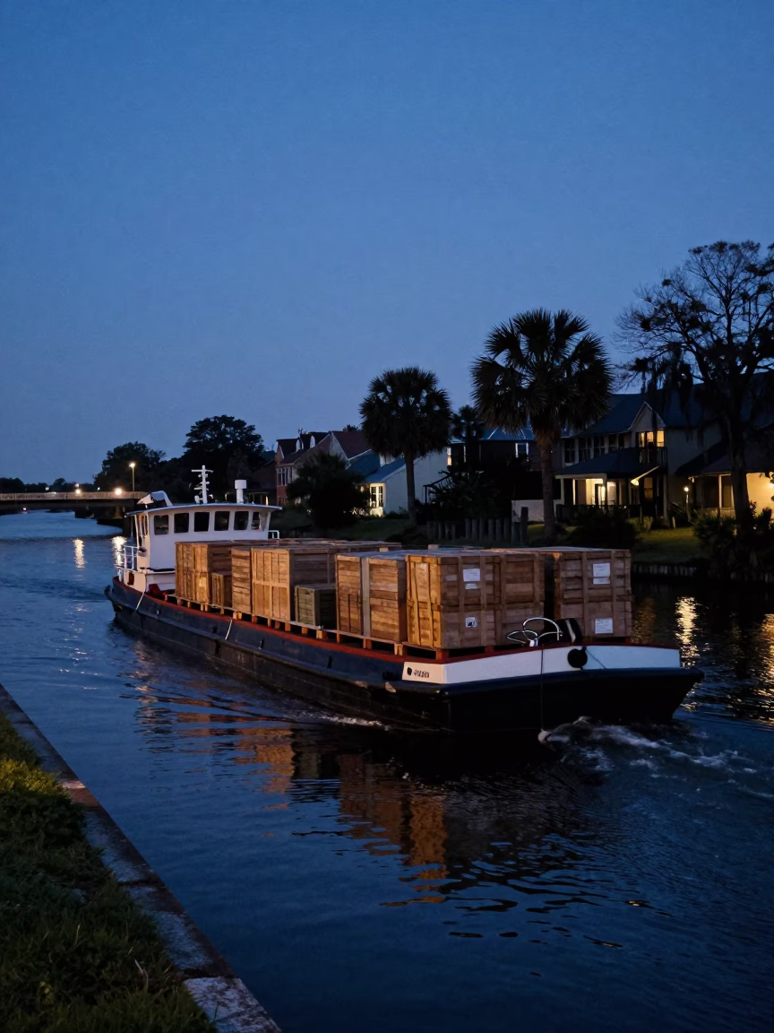 Charleston indigo twilight canal barge loaded with cargo passing under historic bridge in in Charleston, South Carolina, United States
