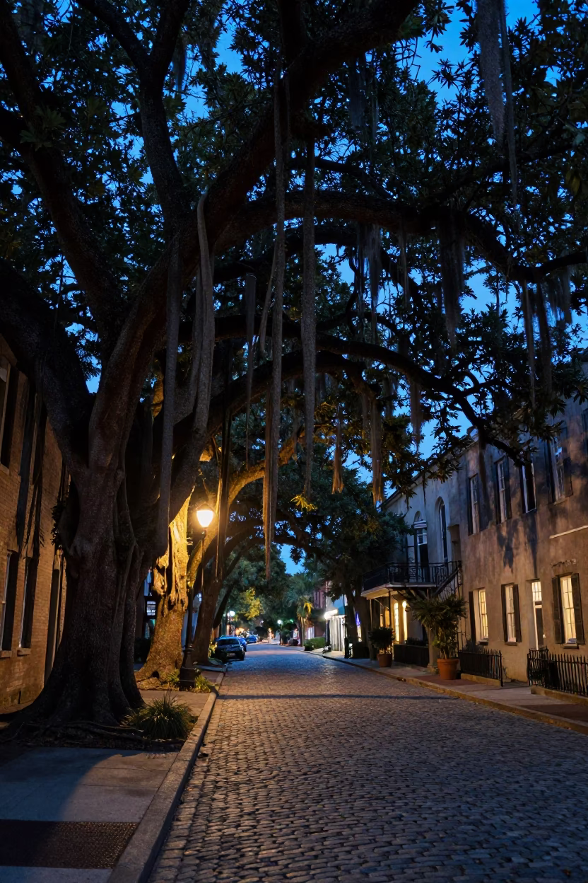 Charleston indigo twilight street scene with banyan tree and classic cars in in Charleston, South Carolina, United States