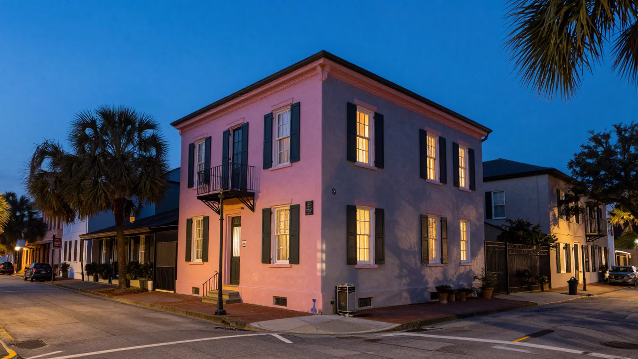 Charleston indigo twilight street scene with historic architecture and coastal ambiance in in Charleston, South Carolina, United States