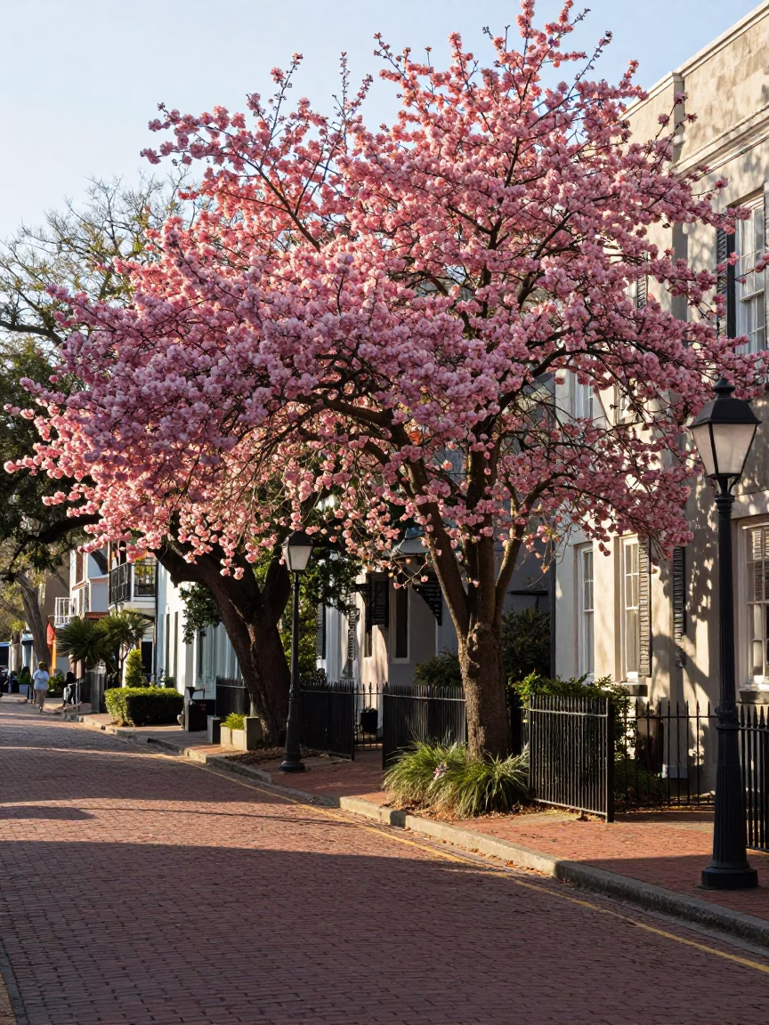 Charleston Late Morning Dogwood Tree and Historic Brick Street Scene in in Charleston, South Carolina, United States
