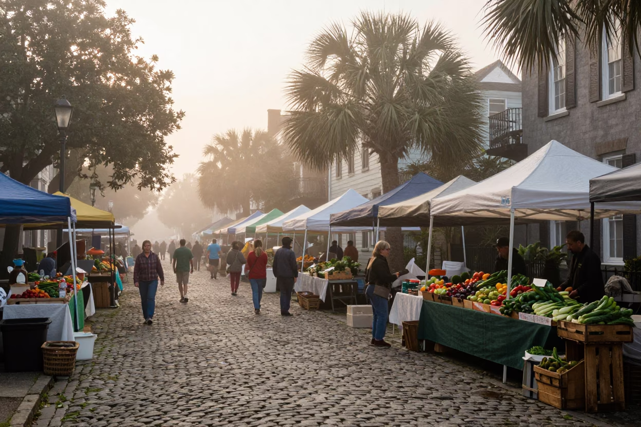Charleston Misty Dawn Street Scene with Local Market Activity in in Charleston, South Carolina, United States