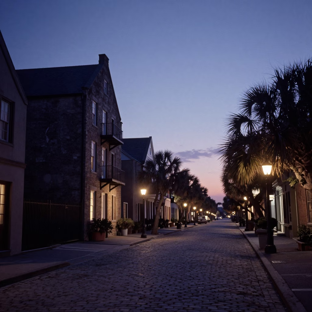 Charleston Nautical Dawn Street Scene with Historic Architecture and Early Morning Activity in in Charleston, South Carolina, United States