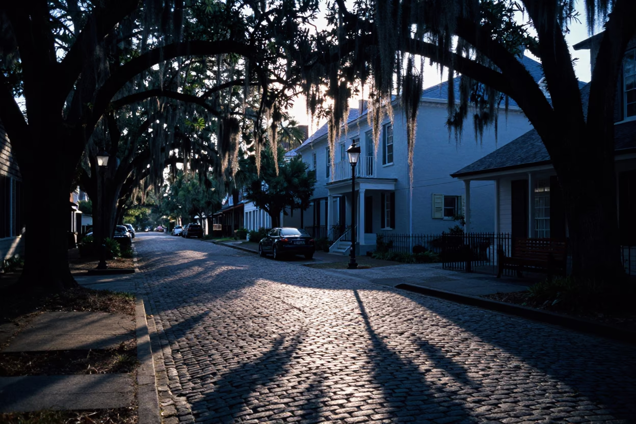 Charleston Nautical Dawn Street Scene with Wicker Shadow and Historic Architecture in in Charleston, South Carolina, United States