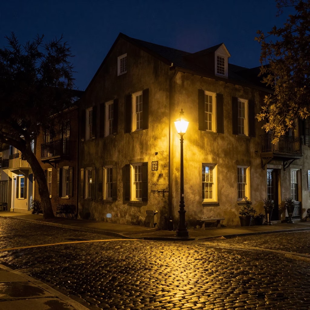 Charleston Night Scene with Historic Architecture and Street Furniture in in Charleston, South Carolina, United States