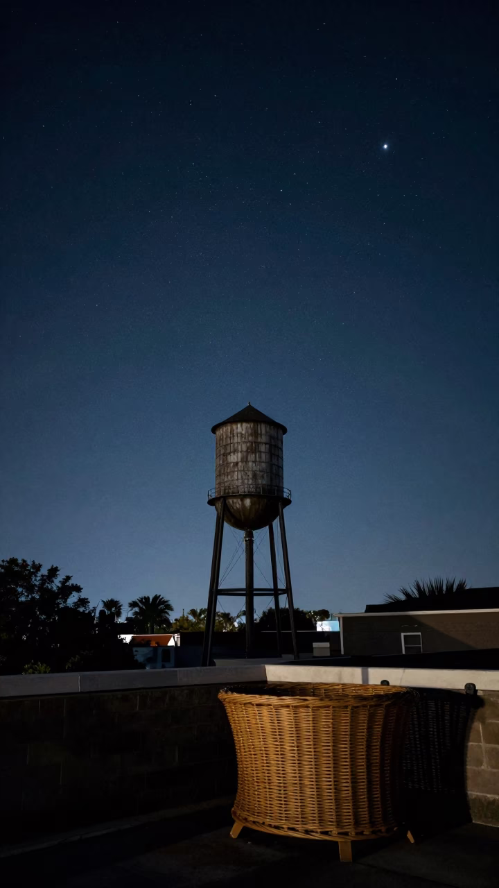 Charleston Night Sky Over Rooftop Water Tower and Wicker Shadow in South Carolina in in Charleston, South Carolina, United States