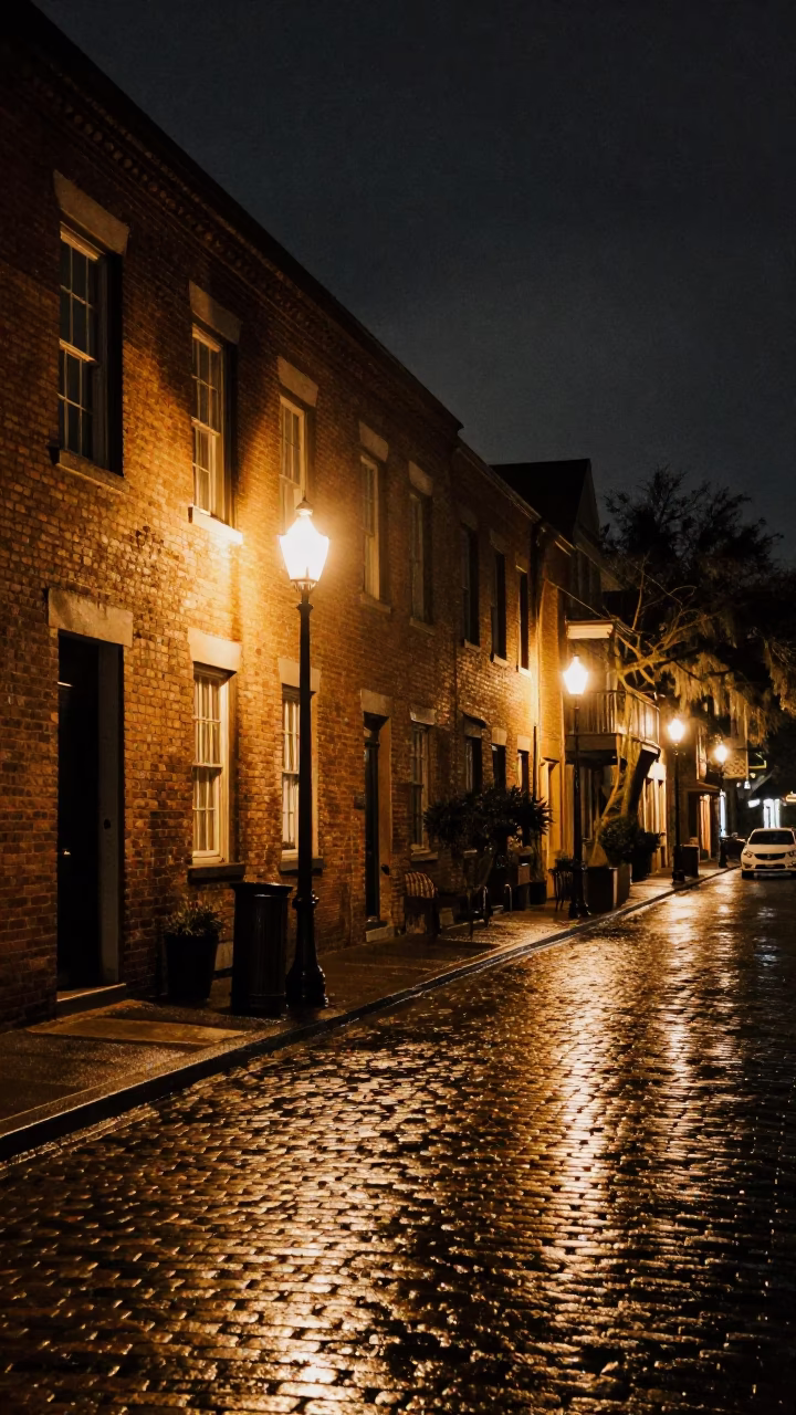 Charleston Night Street Scene with Brick Facades and Wet Cobblestones in in Charleston, South Carolina, United States