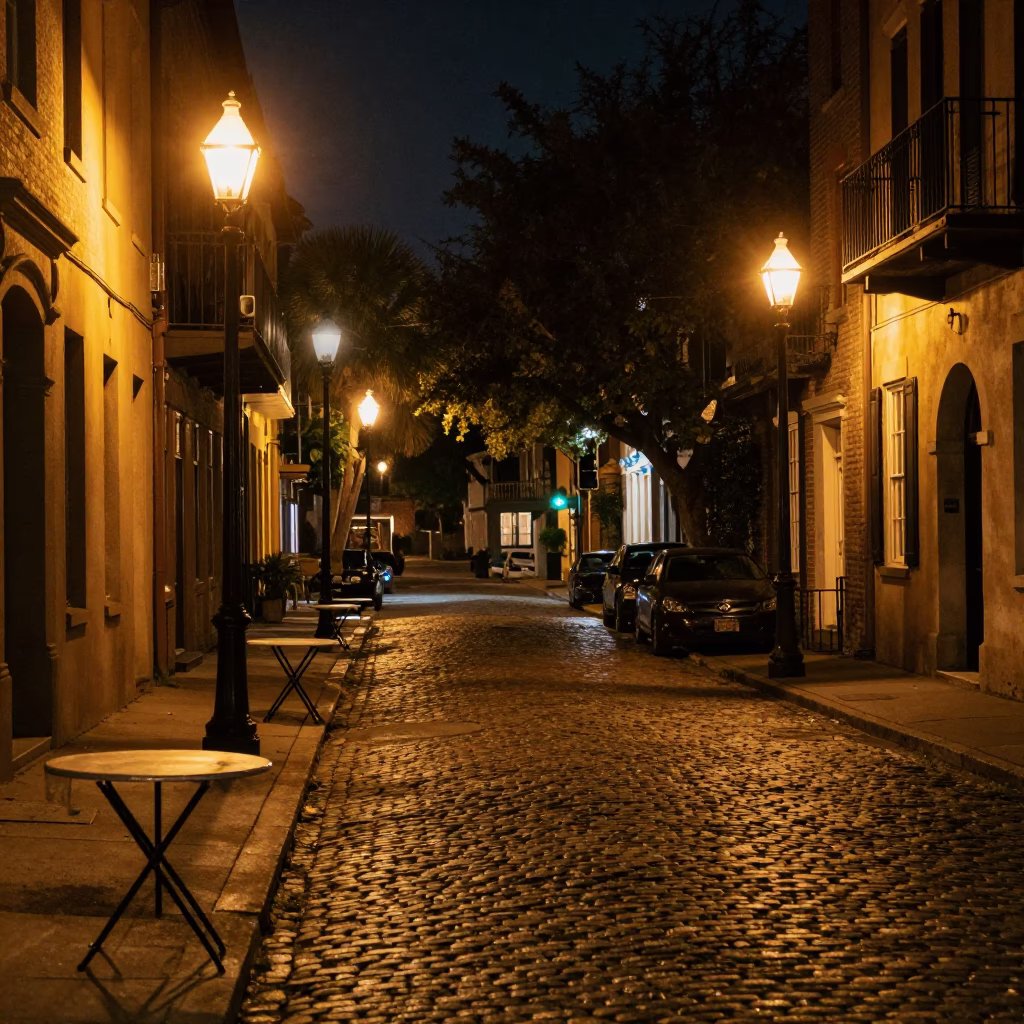 Charleston Night Street Scene with Folding Tables and Urban Reflections in in Charleston, South Carolina, United States