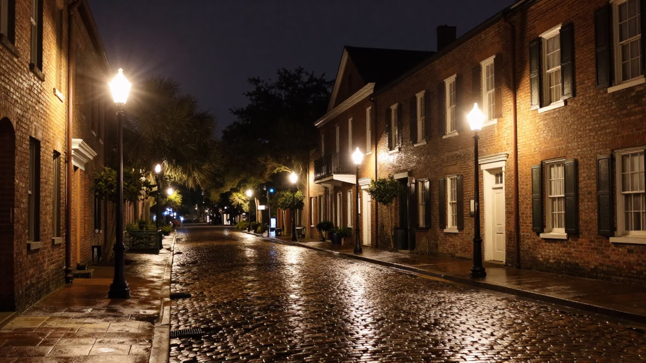 Charleston Night Street Scene with Historic Brick Architecture and Distant Train Lights in in Charleston, South Carolina, United States