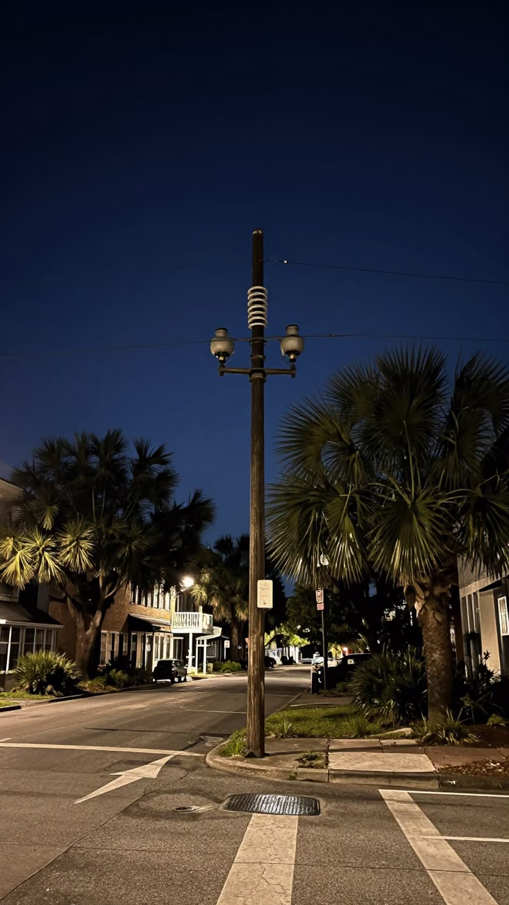 Charleston Night Street Scene with Substation Busbars and Local Architecture in in Charleston, South Carolina, United States