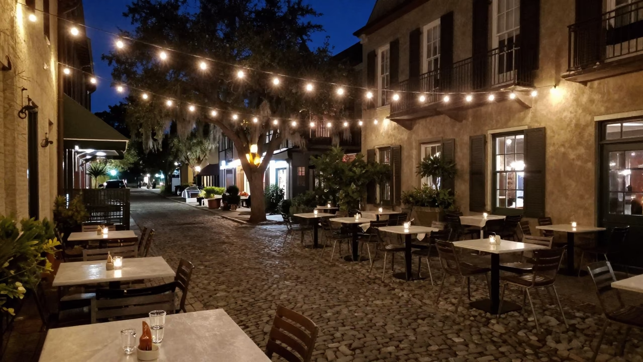 Charleston Nightlife Outdoor Dining with String Lights and Minestrone Soup in in Charleston, South Carolina, United States