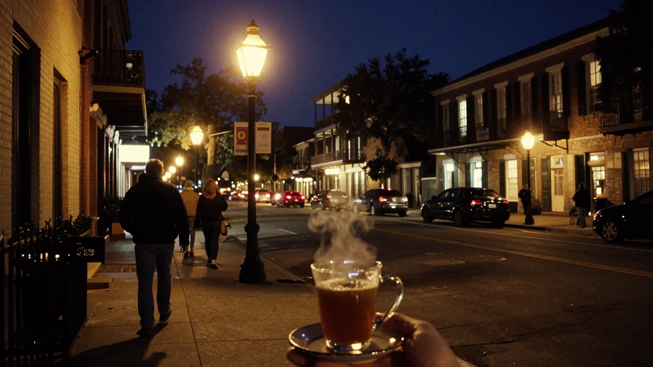 Charleston Nightlife Street Scene with Steaming Genmaicha Tea and Grapes in in Charleston, South Carolina, United States