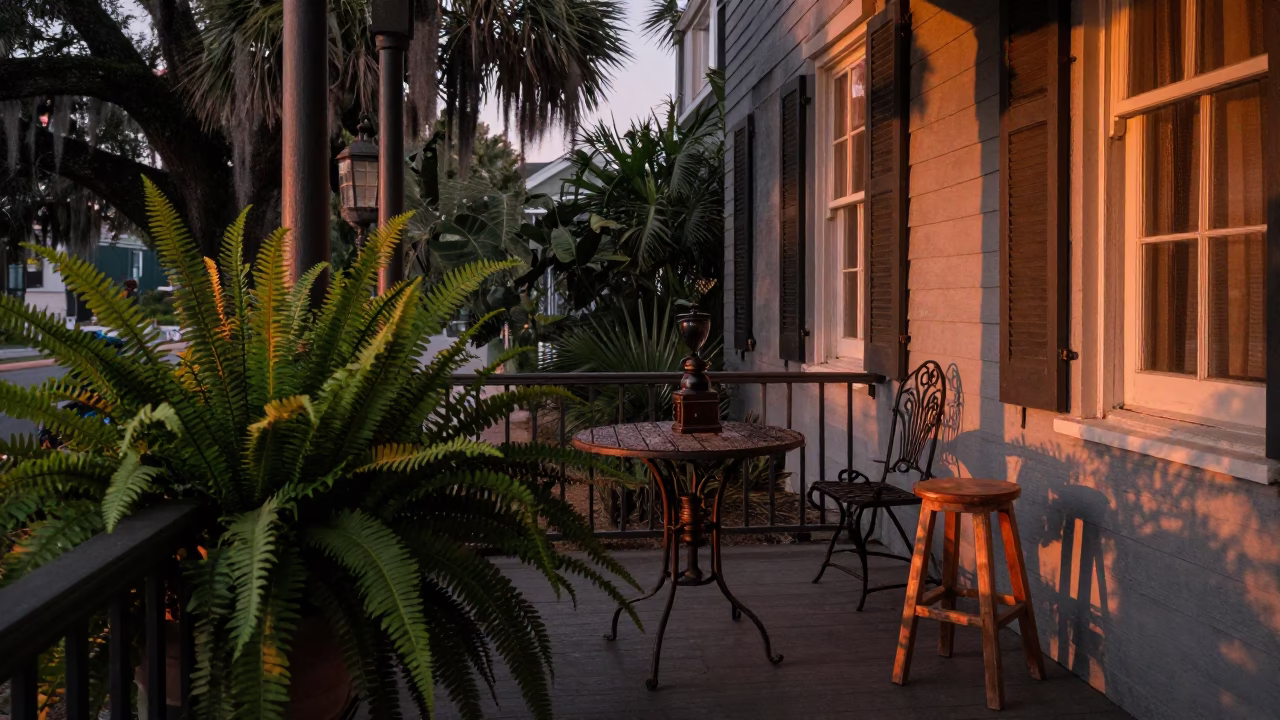 Charleston Porch Evening Light with Ferns and Wooden Stools in in Charleston, South Carolina, United States