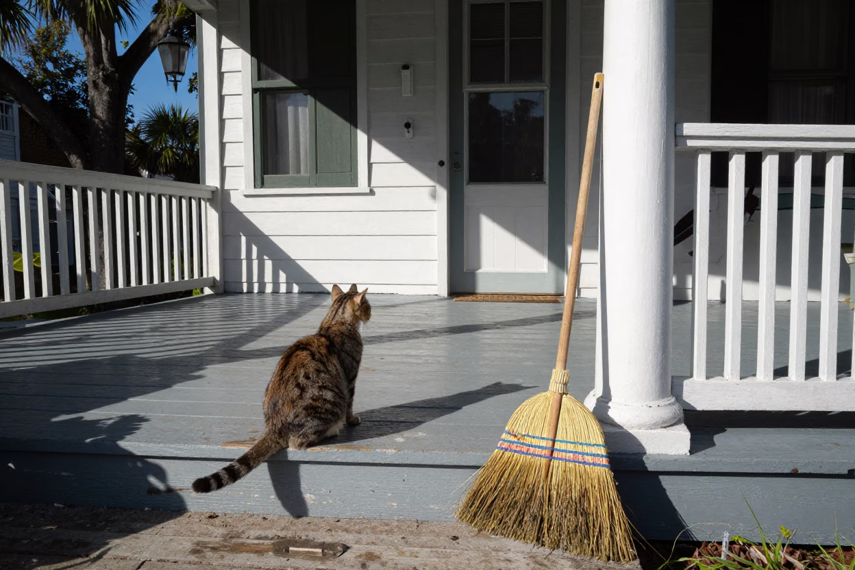 Charleston porch scene with cat and broom in clear afternoon light in in Charleston, South Carolina, United States