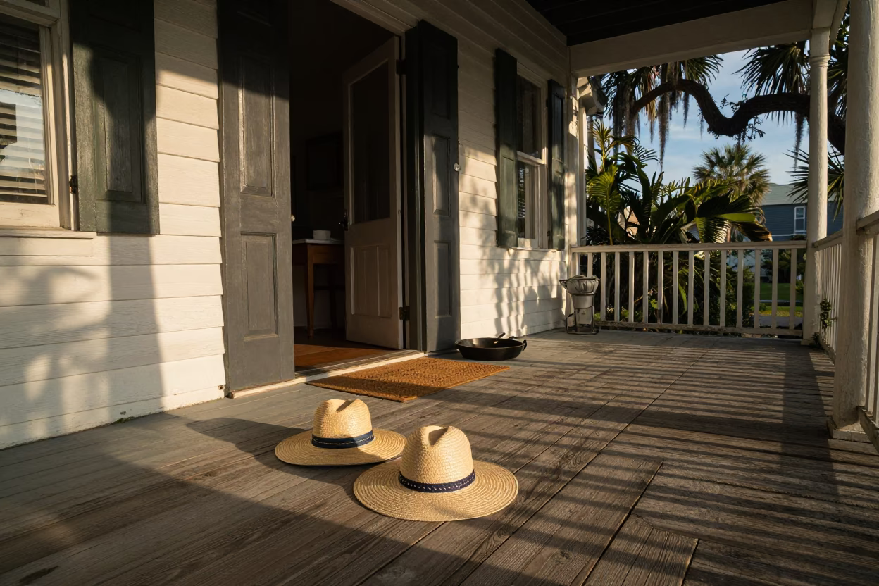 Charleston porch scene with sun hats and skillet on warm late afternoon in in Charleston, South Carolina, United States