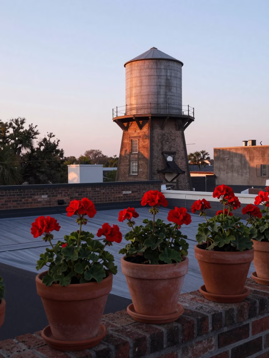 Charleston SC Dawn Rooftop Water Tower View with Potted Geraniums and Morning Light in in Charleston, South Carolina, United States