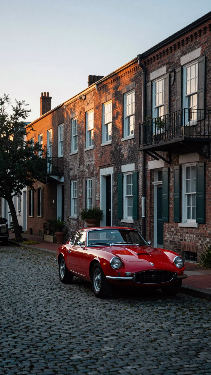 Charleston SC Dawn Street Scene with Vintage Red Sports Car and Historic Architecture in in Charleston, South Carolina, United States