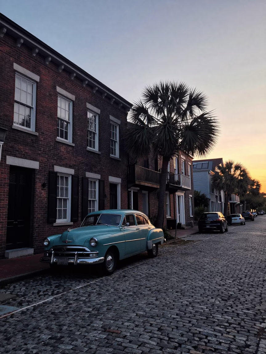 Charleston SC Early Morning Street Scene Before Sunrise with Vintage 1950s Charm in in Charleston, South Carolina, United States