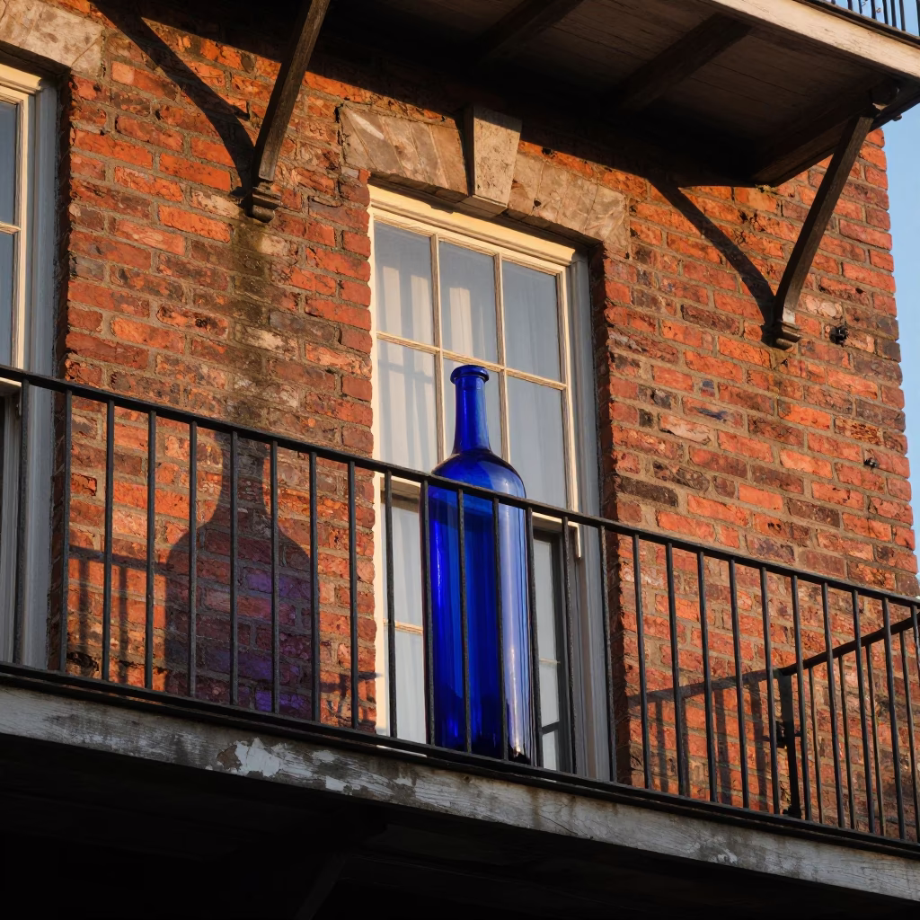 Charleston SC Evening Light Colored Glass Bottle on Brick Balcony with Magnolia Trees in in Charleston, South Carolina, United States
