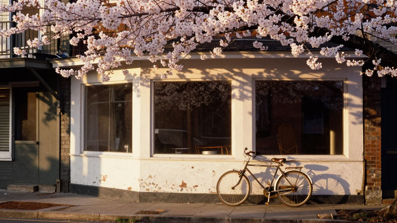 Charleston SC Evening Street Scene with Bicycle and White Blooming Cherry Trees in in Charleston, South Carolina, United States