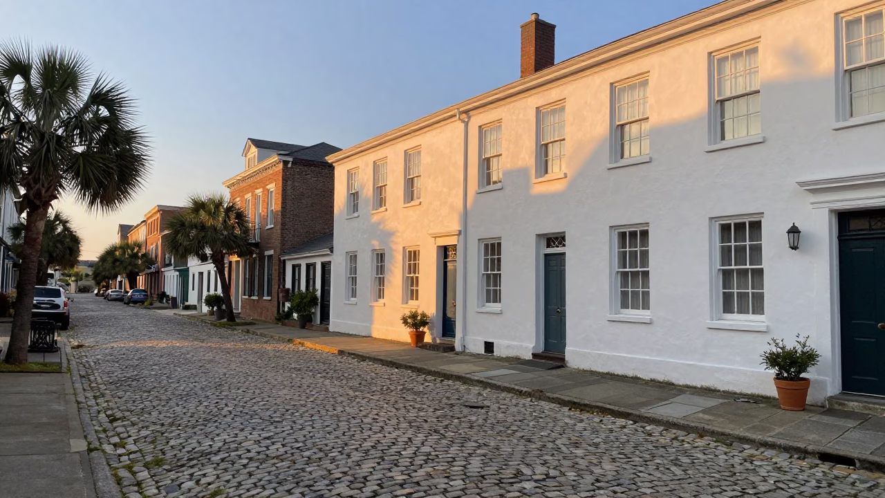 Charleston SC Golden Hour Historic District Cobblestone Street Scene in in Charleston, South Carolina, United States