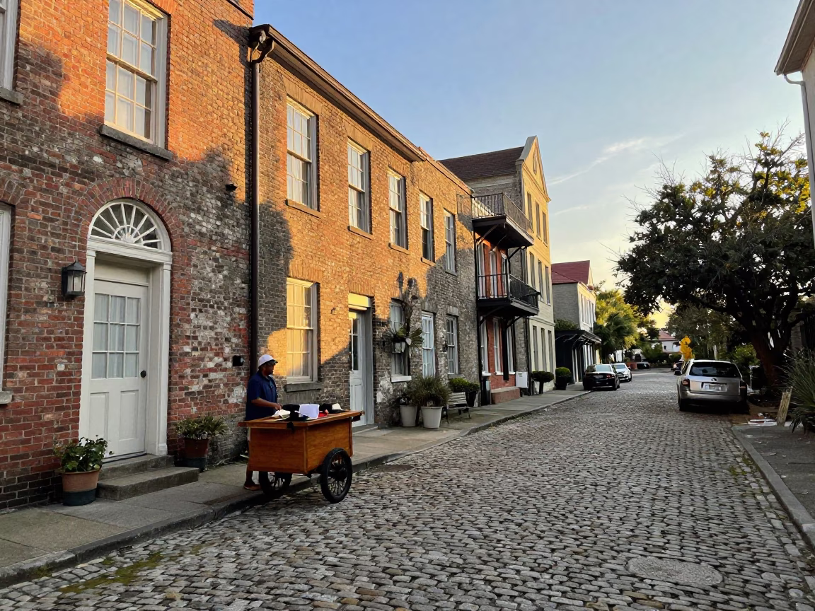 Charleston SC Golden Hour Street Scene with Vintage 1970s Elements in in Charleston, South Carolina, United States