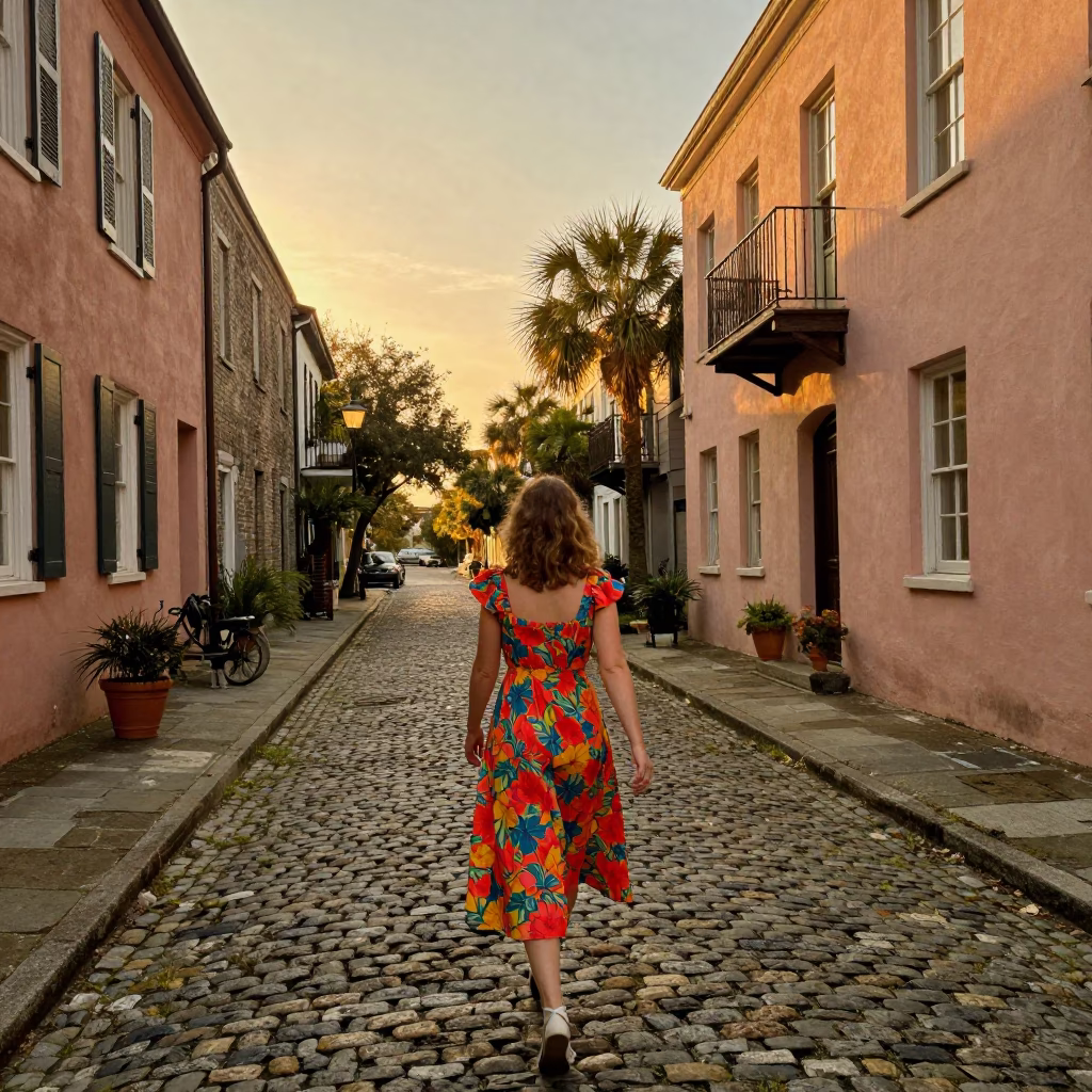 Charleston SC Honeyed Evening Light Historic District Cobblestone Street Scene with Ivy Vines in in Charleston, South Carolina, United States